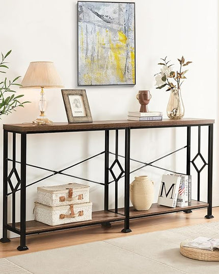 HOMISSUE Long Entryway Console Table, 70.9" Industrial Narrow Sofa Tables Behind Couch with 2 Tier Storage Shelf for Hallway, Living Room, Rustic Brown