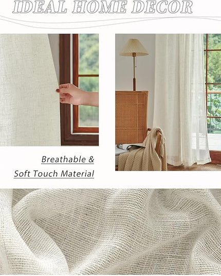 DUALIFE Natural Linen Sheer Curtains 108 Inches Long for Living Room 2 Panels Back Tab Loop Pocket Draperies Neutral Soft Textured Semi Sheer Linen Curtains for Large Window Vertical 9 FT 72x108 Inch