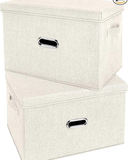 Large Linen Fabric Foldable Storage Bins with Removable Lid and Handles, Washable Storage Box Organizer Containers Baskets Cube with Cover for Bedroom,Office(Cream, Medium(2-Pack))