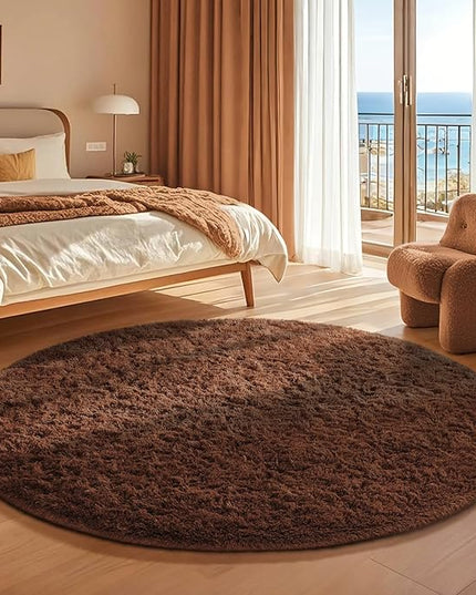 Ophanie Round Rug 4Ft Brown Circle Area Rug, Fluffy Fuzzy Small Bedroom Carpet, Plush Soft Shaggy Floor Living Room Circular Christmas Decor for Kids Boys Girls Home Aesthetic, Nursery, Classroom