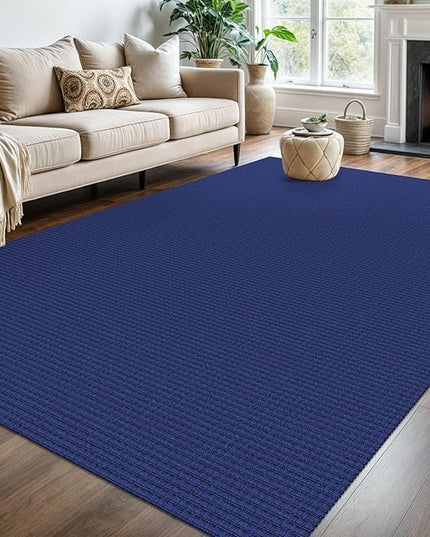 KOZYFLY Washable Area Rug 6x9 ft Rubber Backed Non Slip Rugs for Living Room Braided Cotton Bedroom Rug Woven Office Rugs Indoor Floor Carpets for Dining Bedroom Living Room, Royal Blue/Navy