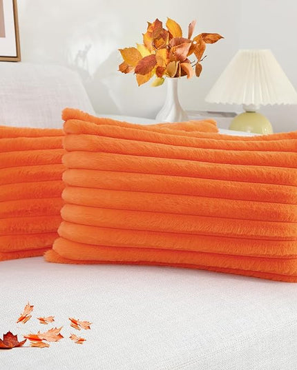 decorUhome Faux Fur Spring Throw Pillow Covers 12x20 Set of 2, Decorative Soft Plush Striped Neutral Couch Euro Pillow Covers with Velvet Back for Sofa, Bed, Living Room Home Decor, Orange