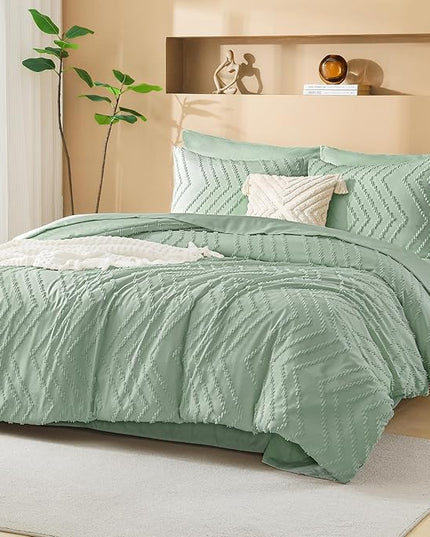 Litanika Super King Plus Size Comforter Set with Sheets Sage Green - 7 Pieces Bed in a Bag Oversized King Boho Tufted Complete Bedding Sets with Comforter, Sheets, Pillowcases & Shams