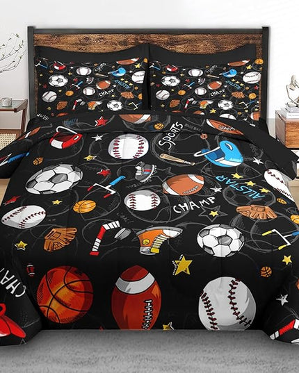 Comforter Set Full Size, Basketball Football Baseball 7 Pcs Bedding for Kids and Adults, Hockey Sport Bed Sheet Sets with Fitted Sheet 2 Pillowcases & 2 Shams for Bedroom Bed Decor
