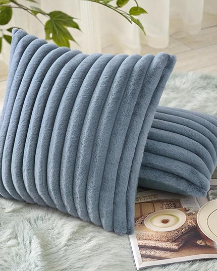 decorUhome Faux Fur Spring Throw Pillow Covers 26x26 Set of 2, Decorative Soft Plush Striped Neutral Couch Euro Pillow Covers with Velvet Back for Sofa, Bed, Living Room Home Decor, Grey Blue