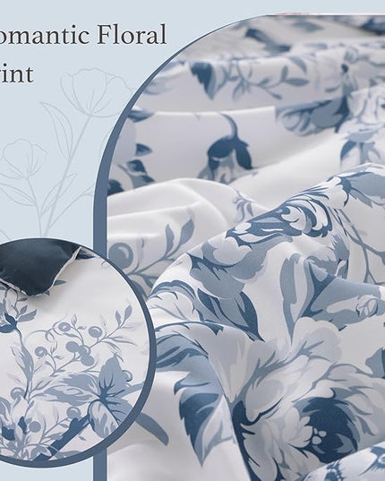 King Comforter Set -7 Pieces Floral Blue Comforter Set for All Seasons, Bed in a Bag King with Botanical Flowers Comforter, Sheets, Pillowcases & Shams