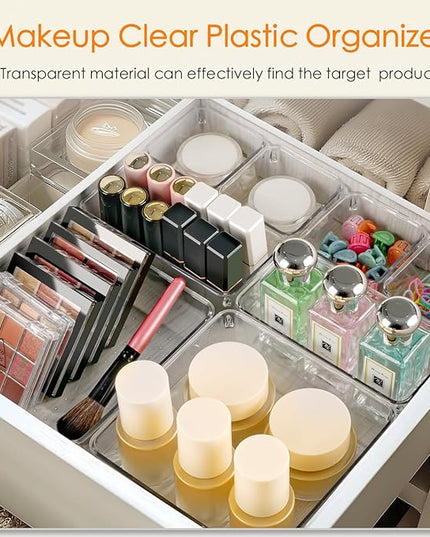 Criusia Drawer Organizer, 26 Pack Clear Plastic Drawer Organizer Bins, Versatile Organization and Storage Trays for Kitchen, Bathroom, Vanity Makeup and Office