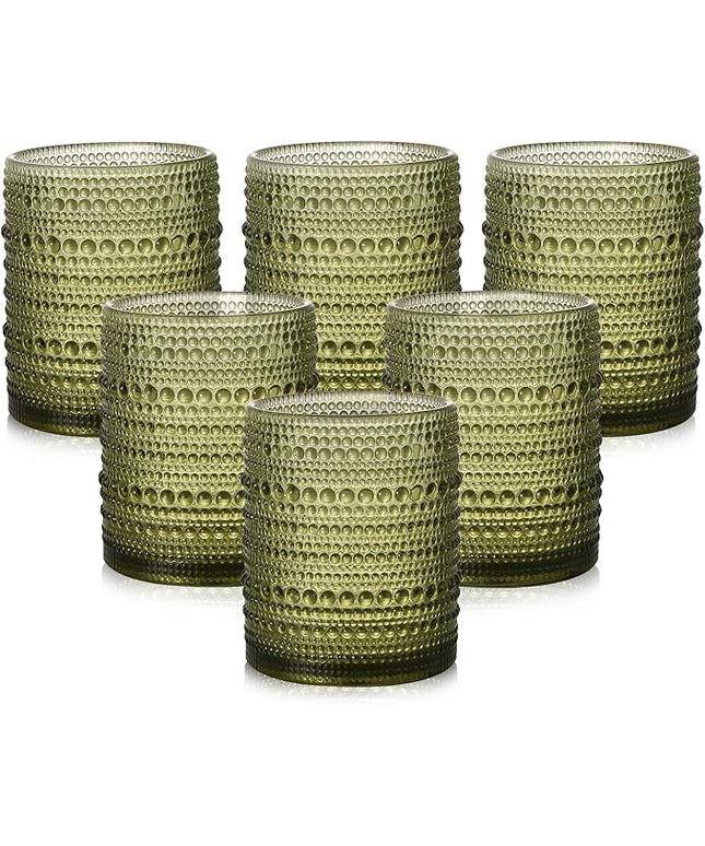 Vintage Glassware Drinking Glasses Set of 6,12 oz Hobnail Glass Cups,Embossed Green Water Tumbler,for Beer,Cocktail,Whiskey,Juice and Various Mixed Drinks- 1 Cleaning Brush