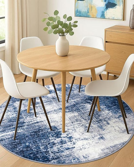 IOHOUZE Abstract Round Area Rug 6 Ft Washable Circle Rugs Large Round Rug Non Slip Thin Soft Circle Rugs, Printed Faux Wool Floor Carpet for Bedroom Living Room Dining Room Nursery, Navy/Grey