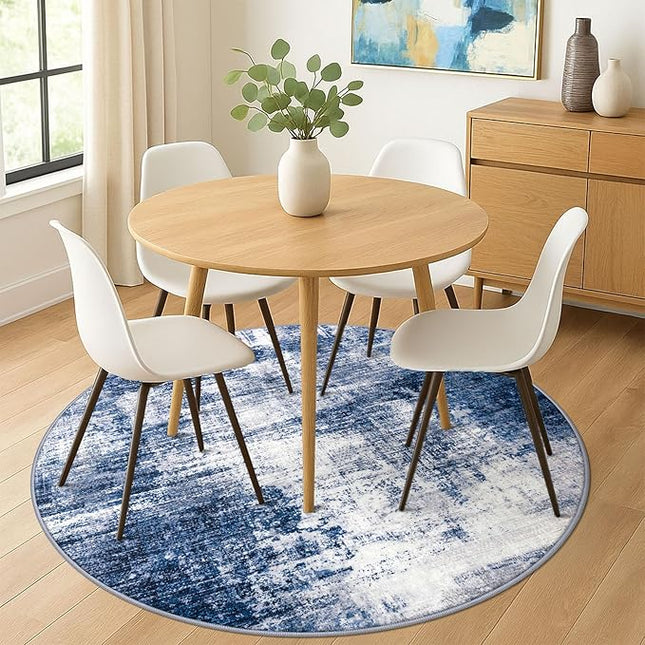 IOHOUZE Abstract Round Area Rug 6 Ft Washable Circle Rugs Large Round Rug Non Slip Thin Soft Circle Rugs, Printed Faux Wool Floor Carpet for Bedroom Living Room Dining Room Nursery, Navy/Grey