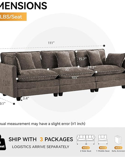 111'' Sectional Cloud Deep Seat Couch, Modern Comfy Chenille Modular Sectional Sofa for Living Room Set, Upholstered Modular 3-Seats Sofa Couch, Brown
