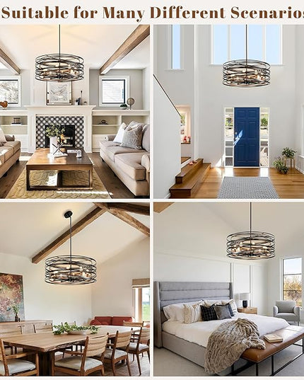 Black Farmhouse Chandelier,23.6" Drum Chandelier Farmhouse Chandeliers for Dining Room Wood Grain Metal Large Dining Room Light Fixture Pendant Light Fixtures for Kitchen Living Room Bedroom Entryway