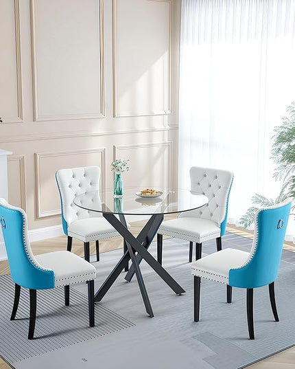 5 Piece Round Glass Dining Table Set for 4, Modern Dining Room Table and Chairs Set, Tempered Glass Top Kitchen Table with 4 Velvet Chairs, Space Saving Dining Set for Small Apartment or Home