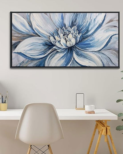Pogusmavi Blue Floral Wall Art for Living Room - Large Textured Flower Pictures for Bedroom - Canvas Paintings, Extra Large Blue and White Wall Decor Dining Room Artwork for Walls 24×48IN