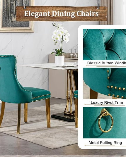 70" Modern Gold Glass Dining Table Set for 6, 7-Piece Rectangle Kitchen Dining Room Table Set with Steel Base & 6 Green Velvet Upholstered Chairs, Modern Glass Kitchen Table and Chairs Set of 6