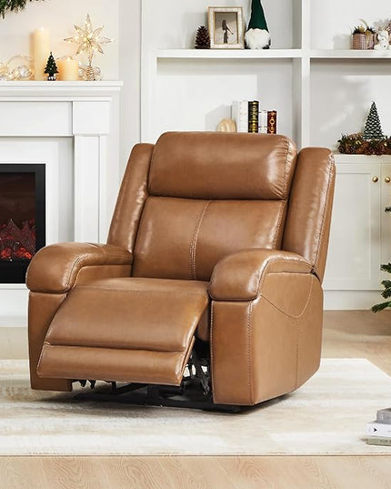 Watson & Whitely Genuine Leather Power Recliner Chairs for Adults, Wall Hugger RV Recliner with Power Headrest & Charging Ports, Electric Recliner Sofa Chair for Living Room, Saddle Brown