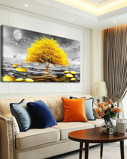 hyidecorart Canvas Wall Art 30"X60" - Black And White Ocean Scenery & Yellow Tree Art Print, Large Wall Decor Posters Abstract Pictures for Living Room, Bedroom, Office Modern Home Decor