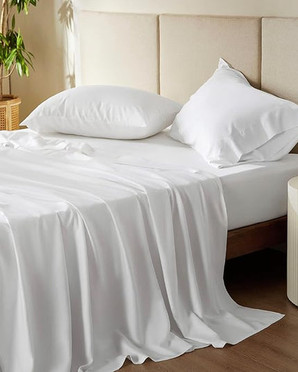 Bedsure Cooling Sheets Twin, Rayon Derived from Bamboo, Cooling Sheets, Breathable & Soft, Deep Pocket Up to 16 Inches, Hotel Luxury Silky Bedding for Hot Sleepers, White