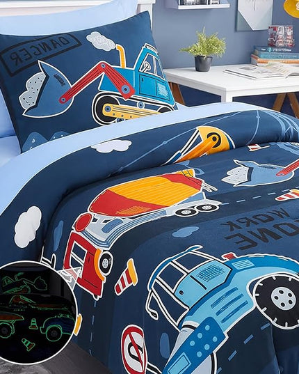 Twin Comforter Set for Boys-5 Pieces Truck Tractor Excavator Glow in The Dark Twin Bedding Sets for Kids, Ultra Soft Bed in A Bag with Sheets