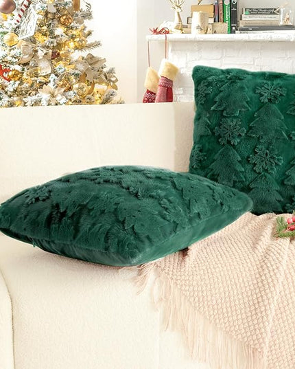 Touchat Christmas Pillow Covers 18x18, Soft Faux Rabbit Fur Throw Pillow Covers with 3D Embroidery Christmas Tree and Snowflake Design for Winter Holiday Home Decor, Couch Sofa Bedroom, Green