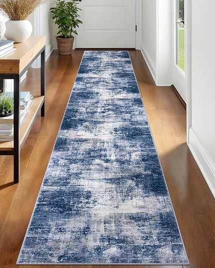 IOHOUZE Abstract Runner Rug 2x12 Ft Washable Runners for Hallways, Non Slip Kitchen Runner Printed Faux Wool Entryway Runner Indoor, Modern Abstract Floor Carpet for Hall Kitchen, Navy/Grey