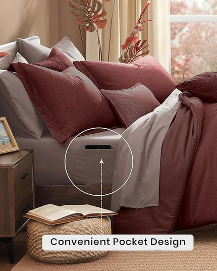 Monbix California King Comforter Set - 7 Pieces Cationic Dyeing Dark Red Bed in a Bag Cal King Bedding Sets with Comforter, Sheets, Pillowcases & Shams, Reversible Bedding Comforters Sets (108 * 92)