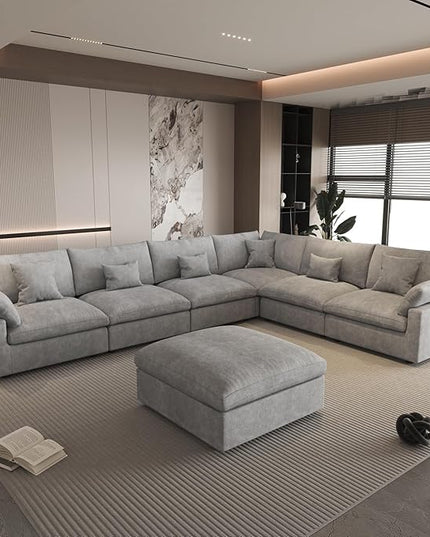 WJShome Cloud Couch for LivingRoom,153" U Shaped Modular Sectional Sofa with Ottoman,Down Filled 7 Seater Convertible Sleeper Sofa Bed Oversized Furniture Sets,Gray
