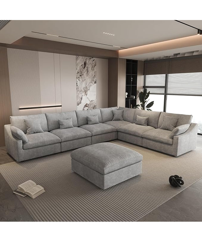 WJShome Cloud Couch for LivingRoom,153" U Shaped Modular Sectional Sofa with Ottoman,Down Filled 7 Seater Convertible Sleeper Sofa Bed Oversized Furniture Sets,Gray