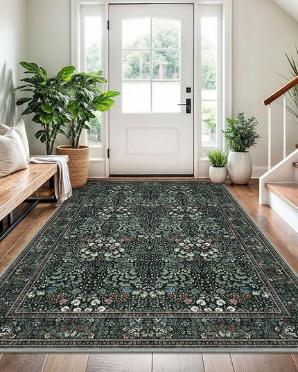 4x6 Modern Rug for Farmhouse, Dark Green Super Soft Washable Rug with Non-Slip, Low-Pile Indoor Door Area Rugs for Living Room Bedroom, Carpet with Non-Shedding