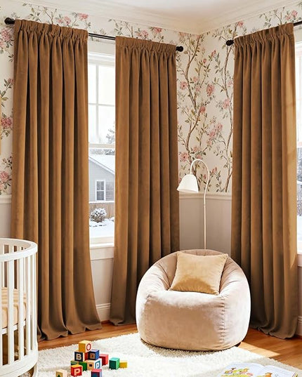 Lazzzy Velvet Blackout Curtains Thermal Insulated Room Window Drapes Super Soft Luxury Curtains for Living Room Bedroom Rod Pocket 2 Panels, Gold Brown, 52" W x 102" L
