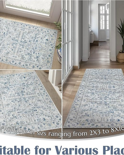 jinchan Lima Hallway Runner Rug 2x8 Washable - Vintage Floral Non Slip Low-Pile Soft Ultra-Thin Faux Wool Kitchen Rug Distressed Carpet Runner for Farmhouse Bedroom Laundry (2x8ft, Blue)