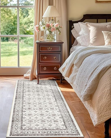 jinchan Runner Rug 2x6 - Machine Washable Beige Vintage Floral Distressed Design Soft Non-Slip Low-Pile Ultra-Thin Runner Rug for Kitchen Hallway Laundry Room Entryway Farmhouse (2‘x6', Beige)