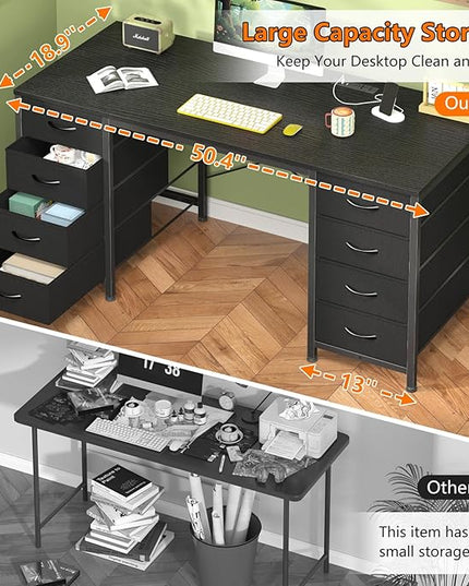 50 Inch Computer Desk with 8 Drawers, Home Office Desk with Power Outlets, Work Study Gaming Desk with 8 Fabric Drawers, Black