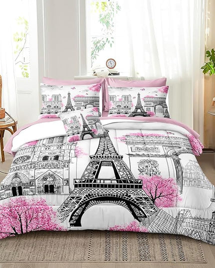 Bedbay 8 Pieces Pink and Grey Comforter Set Queen Size Paris Comforter Set Queen Pink Bedding Set Bed in a Bag Eiffel Tower Beautiful Blossom Floral Paris Themed Bedroom Decor