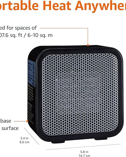 Amazon Basics Ceramic Space Heater, Mini Heater for Office Desk, Portable Tent Heater (Indoor Use), 500 W, With Tip-Over Protection, Lightweight (1.4 LBS), Black, 5.87”D x 3.15”W x 5.95”H