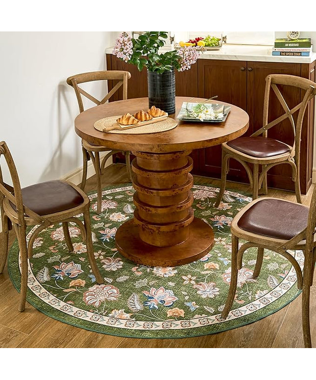 jinchan Elora 6ft Floral Round Rug for Washable Living Room Rug Vintage Romance Christmas Design Non Slip Indoor Floor Cover Lightweight Low-Profile Throw Carpet for Bedroom Porch Patio, Green