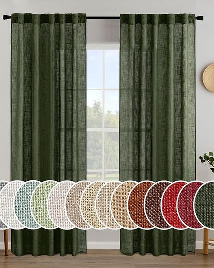 MIULEE Olive Green Linen Curtains 84 Inch Length for Bedroom Living Room, Soft Thick Linen Textured Window Drapes Semi Sheer Light Filtering Back Tab Rod Pocket Burlap Look Christmas Decor, 2 Panels
