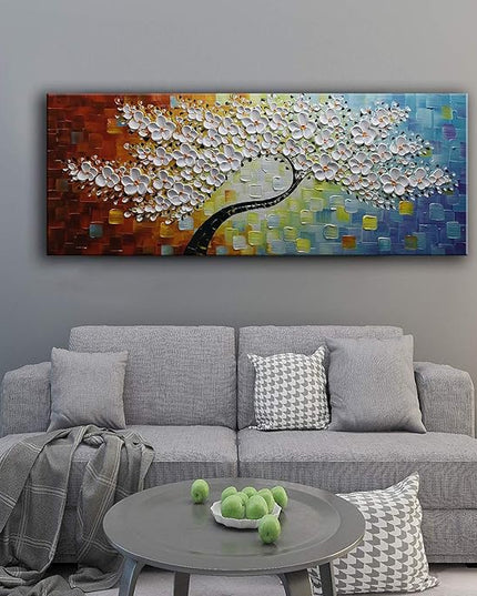 YaSheng Art -100% Hand Painted Contemporary Art 3D Whit Flowers Oil Painting On Canvas Texture Palette Knife Tree Paintings Modern Home living room Decor Art Large Abstract Canvas Art 24x60inch