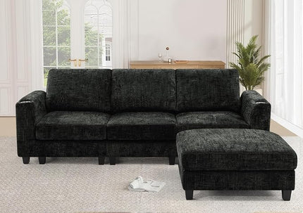 87" Chenille Sectional Sofa with Movable Ottomans, Modular L-Shape Couch with Cup Holders, Convertible 3 Seater Sofa with Well-Filled Backrest Cushions for Living Room, House, Black