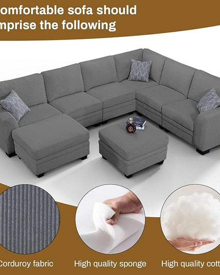 Legend Vansen Oversized Modular Sectional Sofa,8 Seat U Shaped Couch with Ottoman,Corduroy Sofa with Deep Seat,Convertible Large Sectional Couches for Living Room (Grey, U-8)