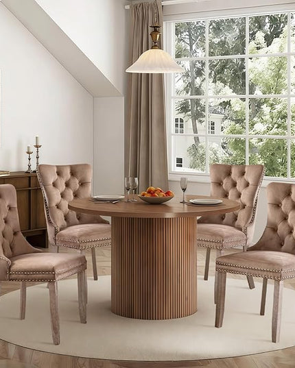 SoarFlash Velvet Dining Chairs Set of 4, Tall Back Side Chair, Modern Upholstered High-end Tufted Side Chair with Button Back Ring, Solid Wood Legs (Khaki)