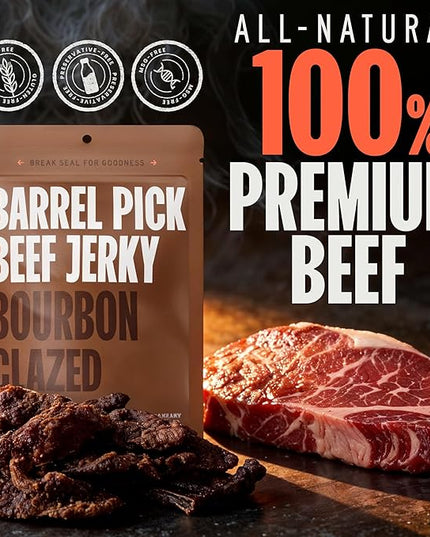 Double Neat Barrel Pick Beef Jerky, Bourbon Glazed, Sweet and Smokey, Gluten-Free, Whiskey-Infused, High-Protein, Healthy Snacks - 2 Ounces Each, Pack of 3