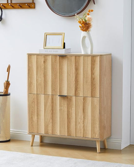 31.5” Fluted Shoe Cabinet Storage with 2 Flip Drawers,Narrow Freestanding Shoe Storage Organizer,Slim Shoe Rack Cabinet for Entryway,Hallway (Natural)