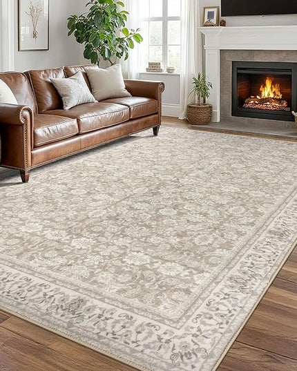 8x10 Area Rugs for Living Room Cream Beige White Grey, Machine Washable Large Area Rug Non-Slip, Ultra Soft Vintage Floral Tribal Farmhouse Carpet for Dining Room Bedroom Home Décor