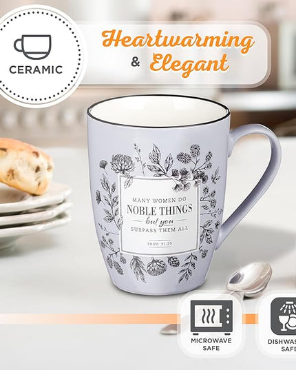 Christian Art Gifts Inspirational Microwave/Dishwasher Safe Coffee & Tea Scripture Mug: Many Women Do Noble Things Encouraging Proverb Bible Verse, Novelty Drinkware, Lavender Purple & White, 12 oz.