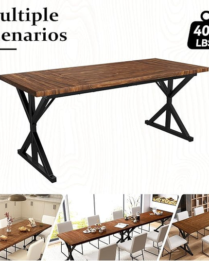 70.8 Inch Rectangular Dining Table for 6-8 People, Farmhouse Kitchen Table with Metal Base & Solid Wood Top, Easy Assembly, Water-Resistant, for Dining Room & Kitchen, Walnut & Black