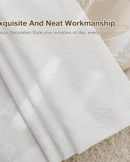 Anmao White Semi Sheer Light Filtering Curtains 63 Inches Long 2 Panels, Flower Pattern Drapes for Living Room Bedroom, Rod Pocket Sheer Window Treatments with Floral Design, 52x63 Inch