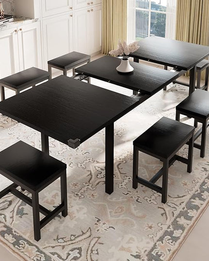 Feonase 7-Piece Dining Table Set with 6 Stools, 63" Large Extendable Kitchen Table Set for 4-8, Mid-Century Dining Room Table with Heavy-Duty Frame, Easy Assembly, Black