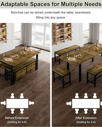 Feonase 5-Piece Dining Table for 4-8 People, 63" Extendable Kitchen Table Set with 2 Benches & 2 Square Stools, Dining Room Table with MDF Wood Board, Easy Clean, Rustic Brown