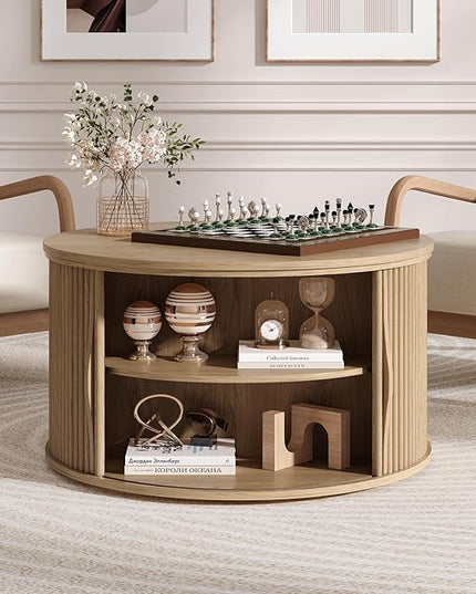 Round Coffee Table with Storage, 31.5" Drum Coffee Table with Lifting Top, Small Fluted Accent Center Table for Living Room, Oak
